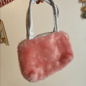 Pink Faux Fur Mini Handbag - Two Mesh Pockets